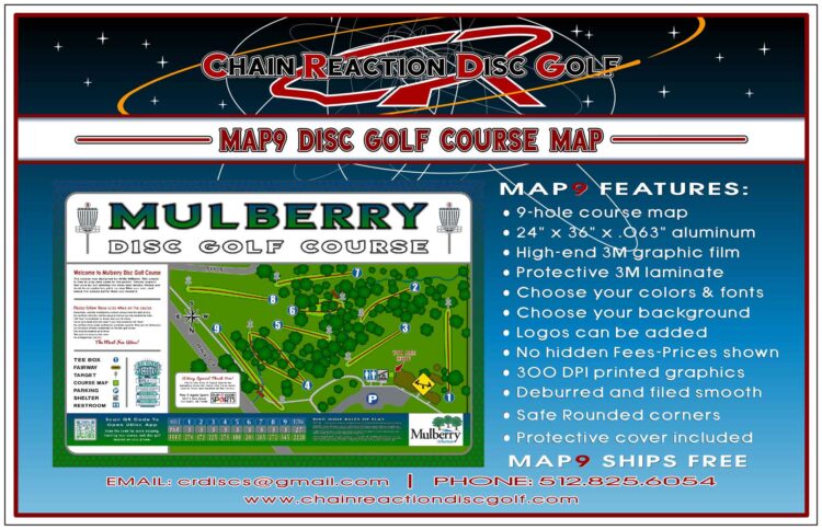 Chain Reaction Disc Golf's Map9 Course Map & Rules Sign for 9-hole courses. Cover included.