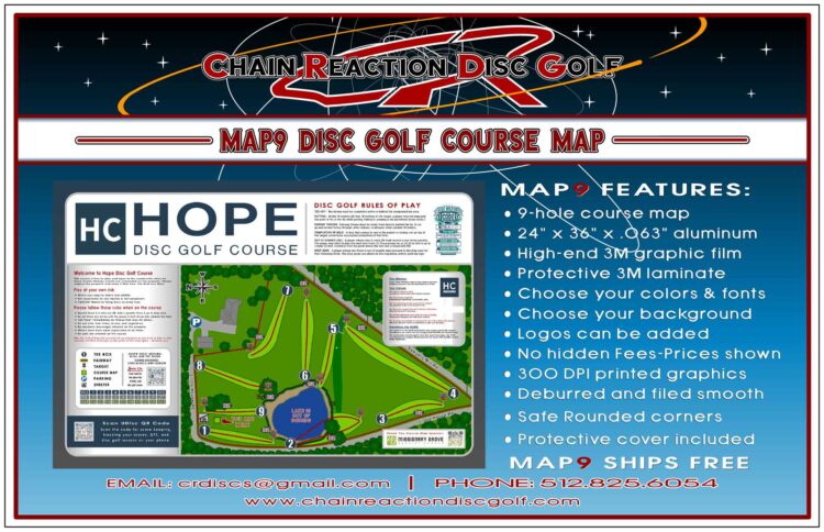 Chain Reaction Disc Golf's Map9 Course Map & Rules Sign for 9-hole disc golf courses. Cover included.
