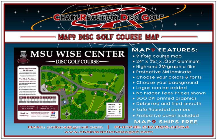 Chain Reaction Disc Golf's Map9 Course Map & Rules Sign for 9-hole courses. Cover included.