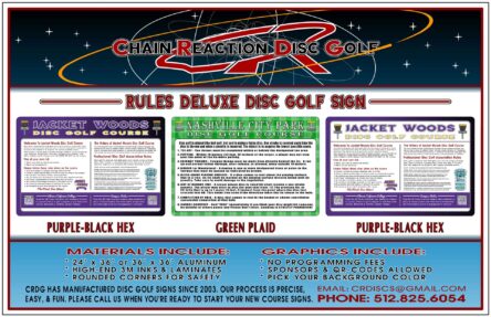 Chain Reaction Disc Golf's Rules Deluxe Sign for disc golf courses. Cover Included.