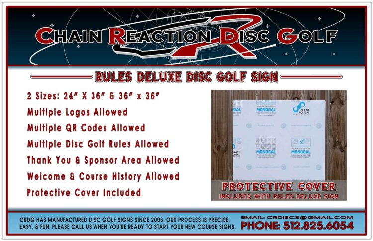Chain Reaction Disc Golf's Rules Deluxe Sign for disc golf courses. Cover Included.