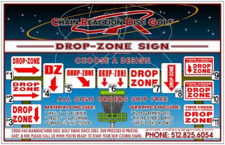 Chain Reaction Disc Golf's Disc Golf Drop Zone Sign.