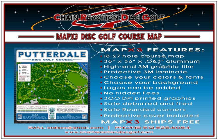 Chain Reaction Disc Golf's MapX3 Course Map & Rules Sign for 18-27 hole disc golf courses. Cover included.