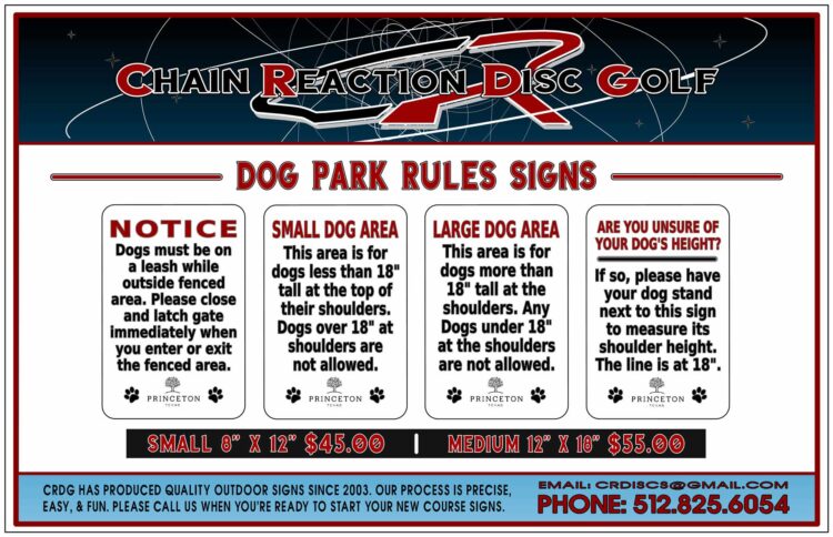 Chain Reaction Disc Golf's Dog Park Rules Sign.