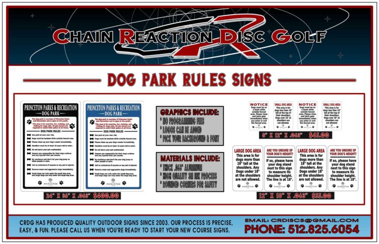 Chain Reaction Disc Golf's Dog Park Rules Sign.