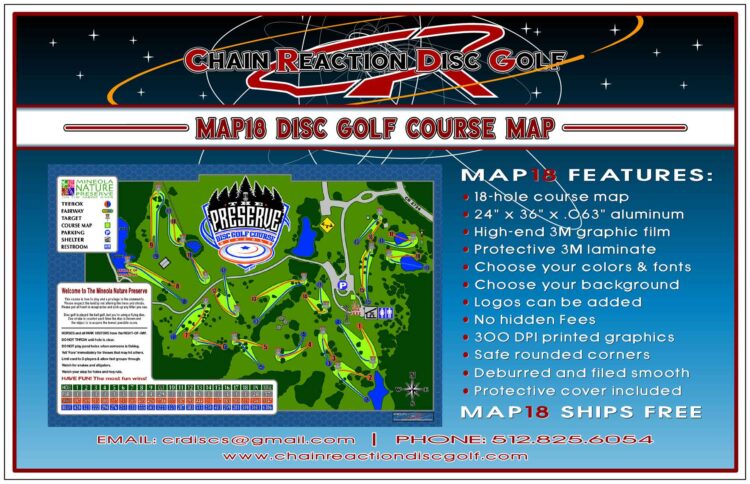 Chain Reaction Disc Golf's Map18 Course Map & Rules Sign for 18-hole disc golf courses. Cover included.