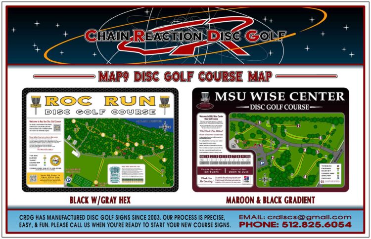 Chain Reaction Disc Golf's Map9 Course Map & Rules Sign for 9-hole disc golf courses. Cover included.