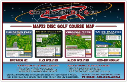 Chain Reaction Disc Golf's MapX3 Course Map & Rules Sign for 18-27 hole disc golf courses. Cover included.